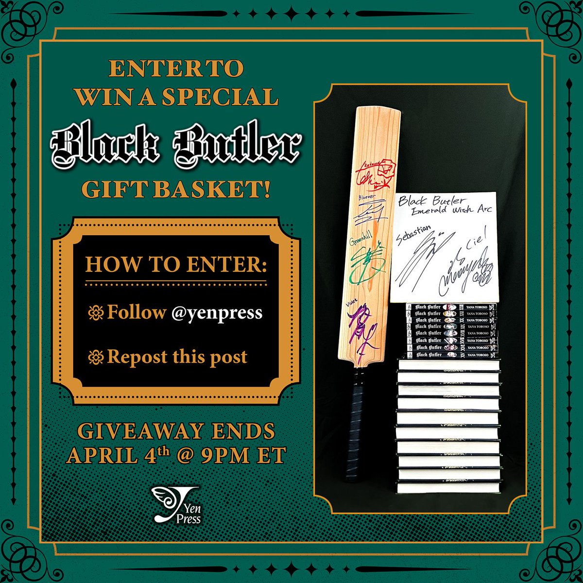 yenpress's tweet image. 🖤 GIVEAWAY 🖤

In celebration of the latest season of the anime coming out in April, we're having one ✨ Hell ✨ of a Black Butler giveaway! 🥳 

One lucky winner be able to win:

🖤 Black Butler manga volumes 15-22
🖤 A wooden cricket bat signed by the Japanese voices of the…