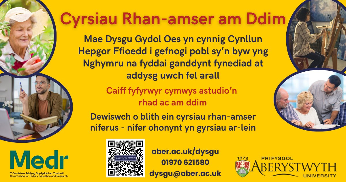 📢 Astudiwch ein cyrsiau rhan-amser AM DDIM 📢

Diolch i gyllid gan Medr gallwn gynnig Cynllun Hepgor Ffioedd i gefnogi oedolion sy'n byw yng Nghymru   👍

Dewiswch o'r ystod eang o gyrsiau rhan-amser - llawer ohonynt ar gael i'w hastudio ar-lein.

💻 aber.ac.uk/dysgu
