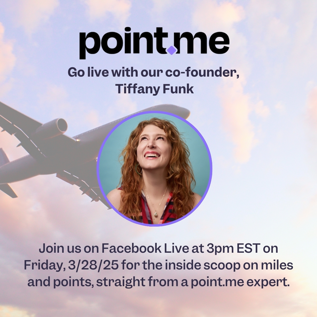 We’re hosting a Live AMA with Tiffany Funk, Co-Founder of point.me!

📅 Friday, March 28
⏰ 3 PM EST | 12 PM PST

Questions about award flights? Now's your chance to ask!

✅ Join the group: bit.ly/3Xtk4P2
📅 RSVP to the event: bit.ly/3QPIoH2