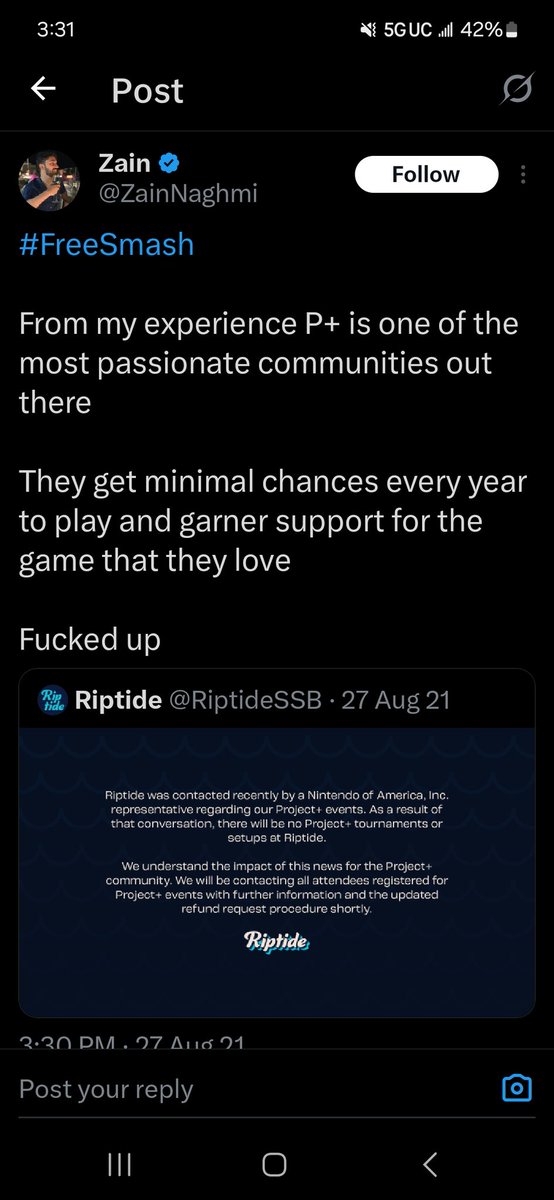 BrownTown671's tweet photo. @o_b_z_d_n @MVG_Mew2King Nintendo actually have the power to shut down melee if they really want to. Top player had no problem calling out Nintendo publicly with the whole #freesmash #savemelee movement. So fucking fake to me. Can't call out corruption within their own community. https://t.co/zmf1zVfcTt