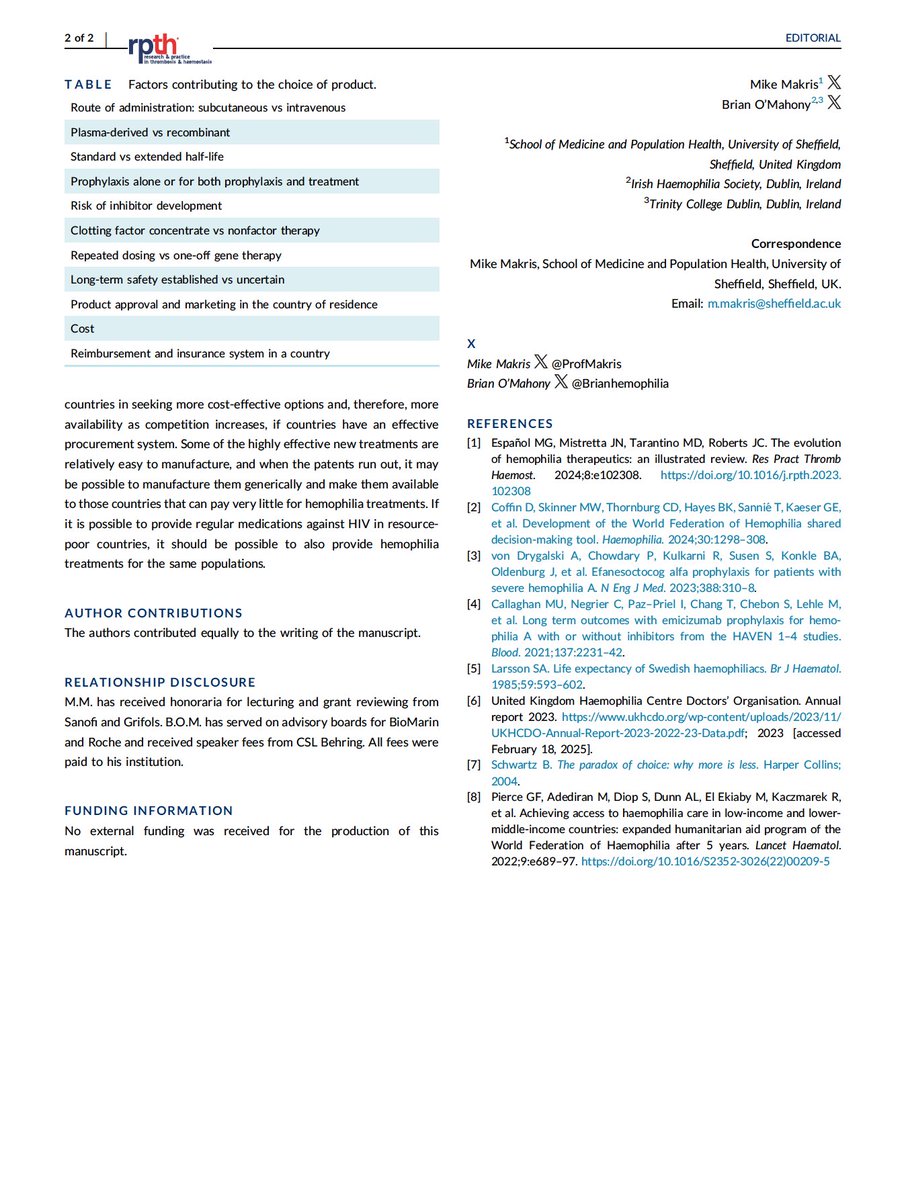 Our editorial on #hemophilia treatments and the paradox of choice is now available in the journal Research and Practice in Thrombosis and Haemostasis. <a href="/RPTHjournal/">RPTH</a>