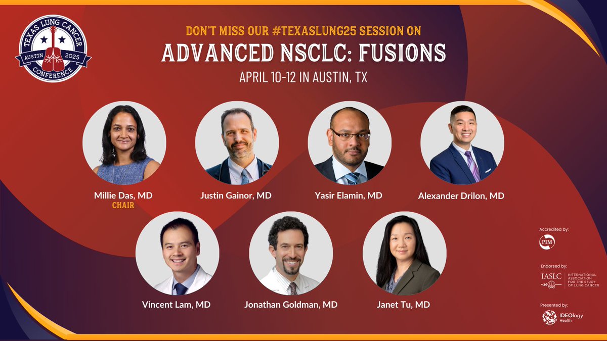TLC Conference (@tlcconference) on Twitter photo Join us April 10-12 at #TexasLung25 for expert insights on the latest strategies for treating fusions in advanced NSCLC. This is a session you don't want to miss. Register now! hubs.la/Q03dc3Zg0
<a href="/DasMillie11/">Millie Das MD</a>, <a href="/JustinGainor/">Justin Gainor</a>, <a href="/YYElamin/">Yasir Yousif Elamin</a>, <a href="/alexdrilon/">Alexander Drilon MD</a>, <a href="/vincentlamMD/">Vincent Lam</a>, <a href="/JanetTu22/">Janet Tu, MD</a> Join us April 10-12 at #TexasLung25 for expert insights on the latest strategies for treating fusions in advanced NSCLC. This is a session you don't want to miss. Register now! hubs.la/Q03dc3Zg0
<a href="/DasMillie11/">Millie Das MD</a>, <a href="/JustinGainor/">Justin Gainor</a>, <a href="/YYElamin/">Yasir Yousif Elamin</a>, <a href="/alexdrilon/">Alexander Drilon MD</a>, <a href="/vincentlamMD/">Vincent Lam</a>, <a href="/JanetTu22/">Janet Tu, MD</a>