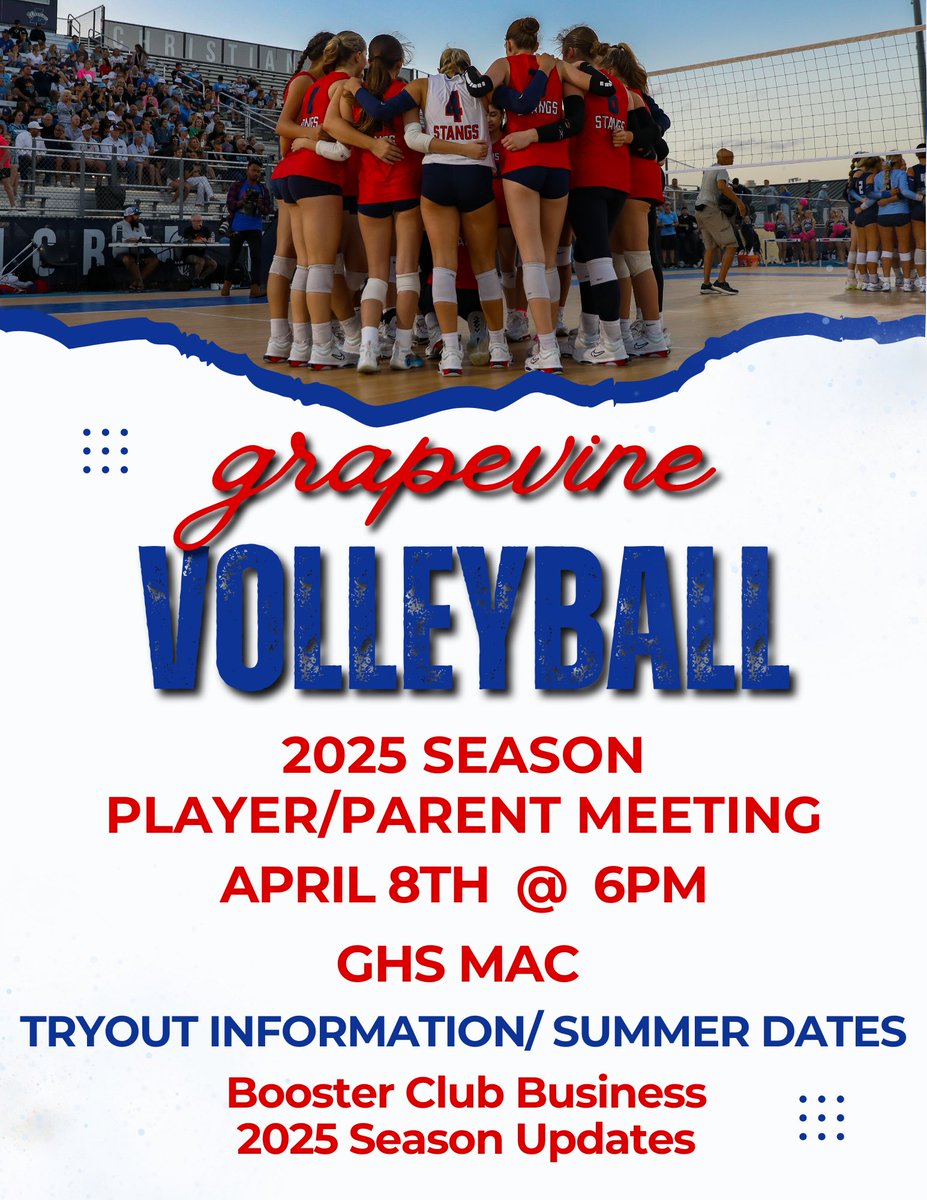 Grapevine HS VB🏐 (@vbgrapevine) on Twitter photo 2025 Season is just around the corner!!
📆MARK YOUR CALENDARS📆
Get all the important dates and details for 2025 at the PARENT/PLAYER Meeting! #DIGdeep25 ❤️🐴🏐
<a href="/GCISD_Athletics/">GCISD Athletics Dept.</a> <a href="/coachrsmith12/">Coach Ryan Smith</a> <a href="/LyColtAthletics/">Lady Colt Athletics</a> <a href="/GMSgirlsath/">GMS Girls Athletics</a> <a href="/CTMSWolvesGirls/">Wolves Girls’ Athletics</a> 2025 Season is just around the corner!!
📆MARK YOUR CALENDARS📆
Get all the important dates and details for 2025 at the PARENT/PLAYER Meeting! #DIGdeep25 ❤️🐴🏐
<a href="/GCISD_Athletics/">GCISD Athletics Dept.</a> <a href="/coachrsmith12/">Coach Ryan Smith</a> <a href="/LyColtAthletics/">Lady Colt Athletics</a> <a href="/GMSgirlsath/">GMS Girls Athletics</a> <a href="/CTMSWolvesGirls/">Wolves Girls’ Athletics</a>