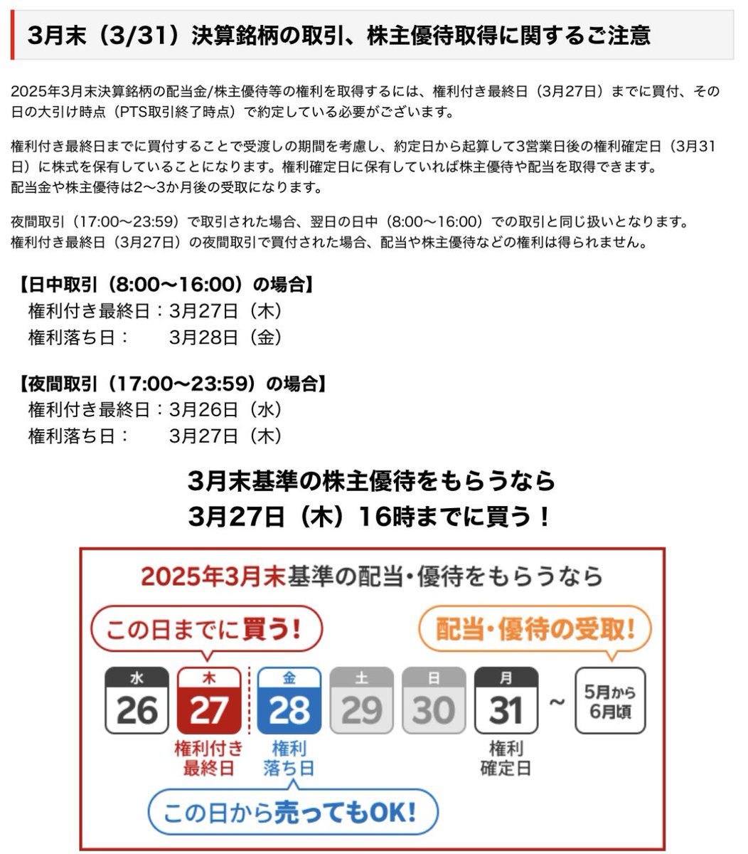 今月は年間を通しても、株主優待や配当の権利取得件数が多い月となっています📝 ⧉権利付き最終日《25年3月27日》 →この日に保有していれば優待や配当が貰えます  ⧉権利落ち日《25年3月28日》 →この日に購入しても優待や配当は貰えません ⧉権利確定日《25年3月31日 ...