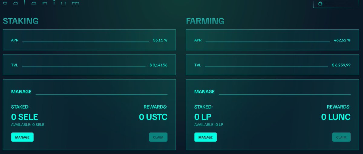 Staking &amp; Farming Are Live! 💰

🚀 Earn rewards with $SELE! 💎

Staking and farming are now live, maximize your earnings:

Start now:🔗selenium.finance

🔹 Stake $SELE → Earn $USTC

🔹 Provide liquidity ($SELE/$LUNC) → Earn $LUNC

📈 Boost your rewards and support