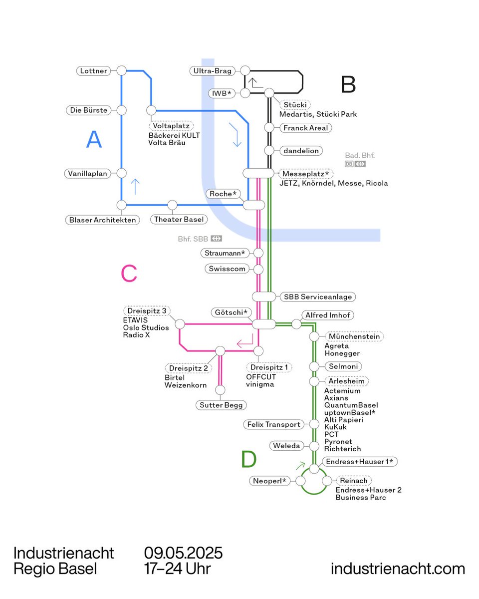 🚎 Damit du am 9. Mai möglichst rasch von Arbeitswelt zu Arbeitswelt gelangst, steht dir ein dichtes Netz an öffentlichen Verkehrsmitteln (ab 16 Uhr) und Shuttle-Bussen (ab 18 Uhr) zur Verfügung. 

ℹ️ industrienacht.com/mobilitaet

#industrienachtbasel #industrienacht