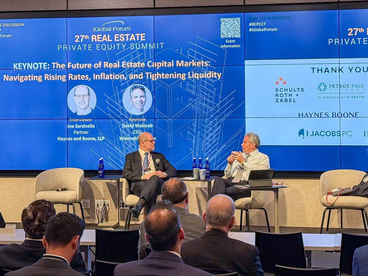 Haynes Boone (@haynesboone) on Twitter photo At the <a href="/iglobalforum/">iGlobal Forum</a> Real Estate Private Equity Summit, Joe Sarcinella interviewed keynote speaker David Weinreb on navigating rising rates, inflation & tightening liquidity in real estate capital markets, & Nick Hoffman led a discussion on the $1.2 trillion debt maturity wave. At the <a href="/iglobalforum/">iGlobal Forum</a> Real Estate Private Equity Summit, Joe Sarcinella interviewed keynote speaker David Weinreb on navigating rising rates, inflation & tightening liquidity in real estate capital markets, & Nick Hoffman led a discussion on the $1.2 trillion debt maturity wave.