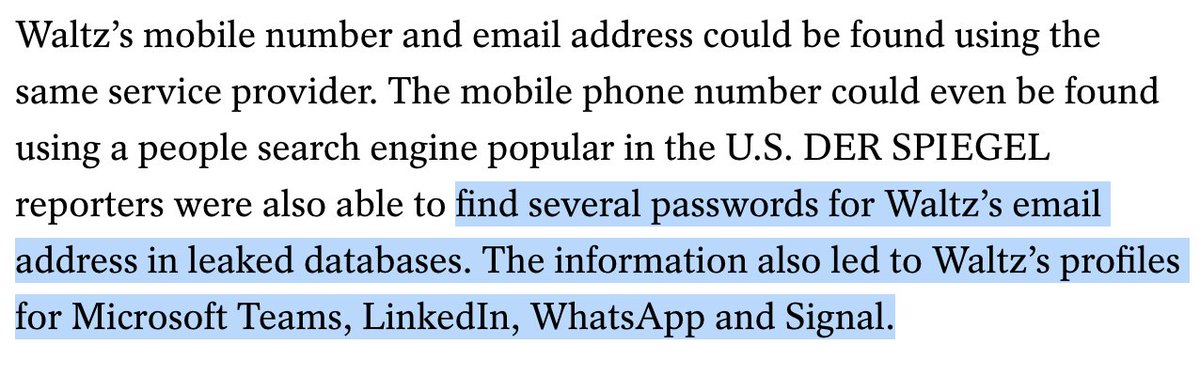 Republican 🇺🇸 (@sjacobs2020) on Twitter photo <a href="/MeidasTouch/">MeidasTouch</a> This seems bad.
"reporters were also able to find several passwords for Waltz’s email address in leaked databases. The information also led to Waltz’s profiles for Microsoft Teams, LinkedIn, WhatsApp and Signal." <a href="/MeidasTouch/">MeidasTouch</a> This seems bad.
"reporters were also able to find several passwords for Waltz’s email address in leaked databases. The information also led to Waltz’s profiles for Microsoft Teams, LinkedIn, WhatsApp and Signal."