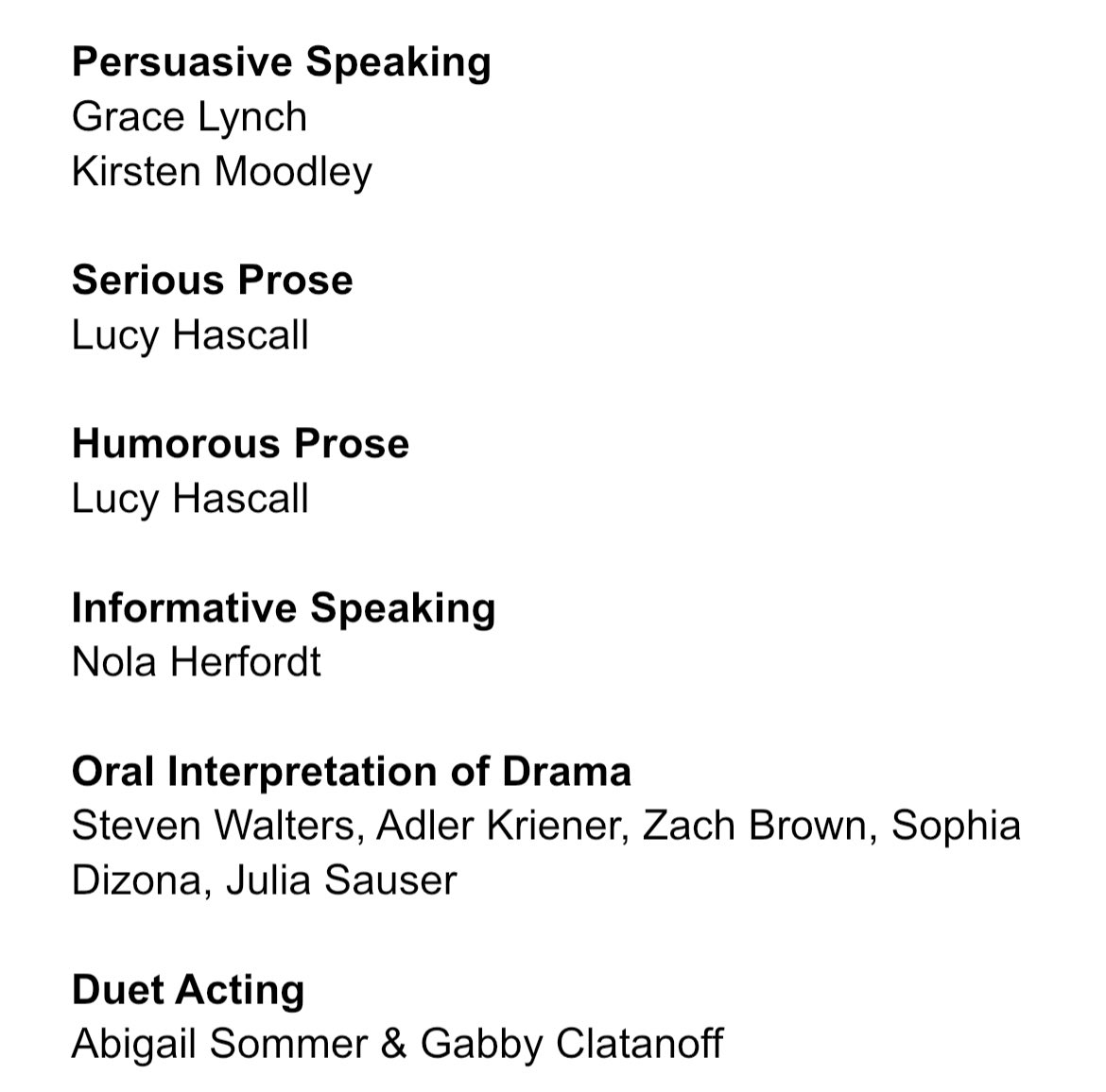 Congrats to the following SkyHawk speech members who BROKE FINALS at the Class B state meet.  

Finals now with awards immediately to follow.