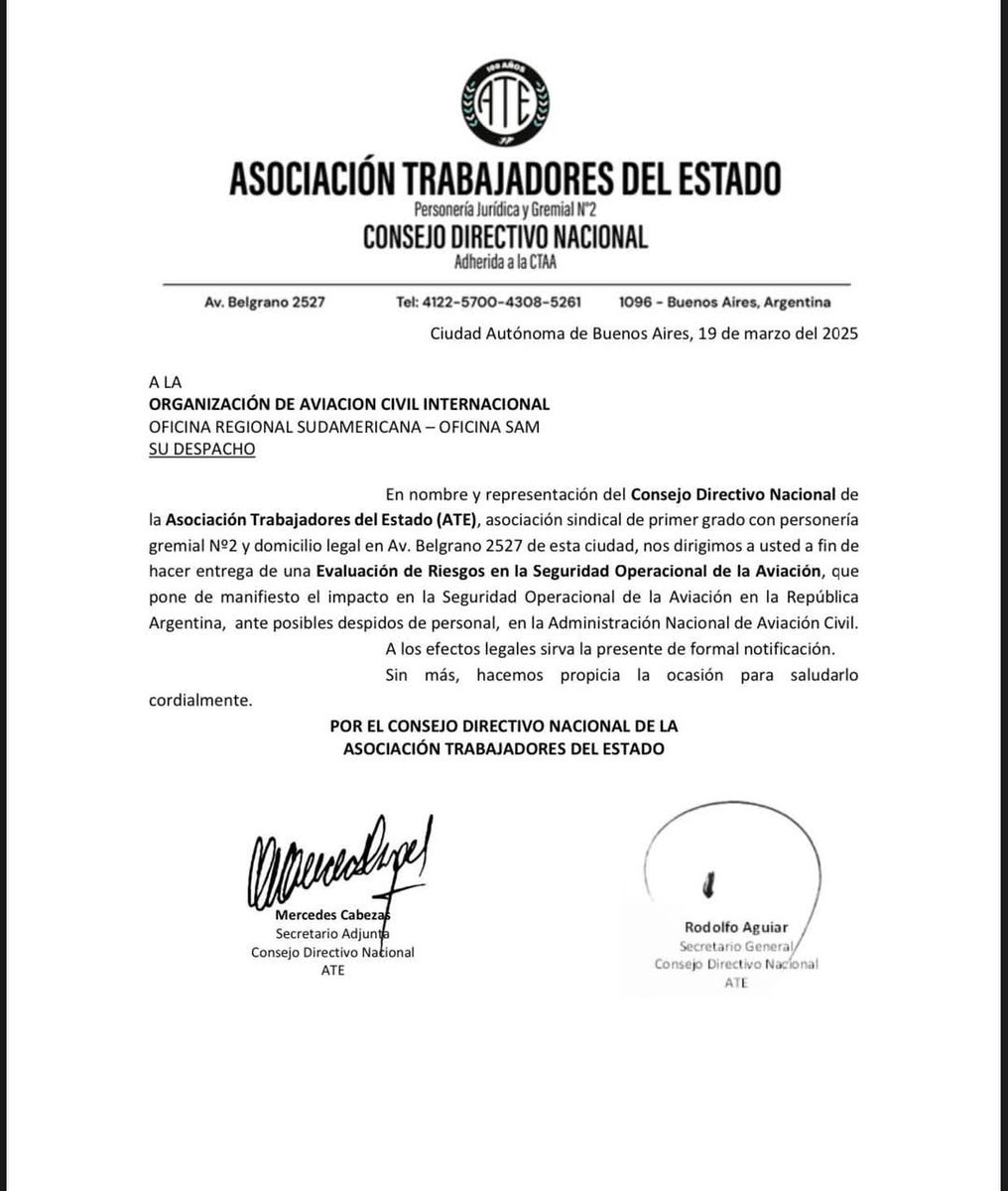 #ATEANACinformATE
Presentamos formalmente en  #OACI a <a href="/FrancoMogetta/">Franco Mogetta</a>  y <a href="/ANACargentina/">ANAC</a> la Evaluación de Riesgos en la #SeguridadOperacional de la Aviación, donde denunciamos el riesgo para la #SeguridadAerea que serian los despidos en #ANAC.

👇léelo 👇
drive.google.com/drive/folders/…