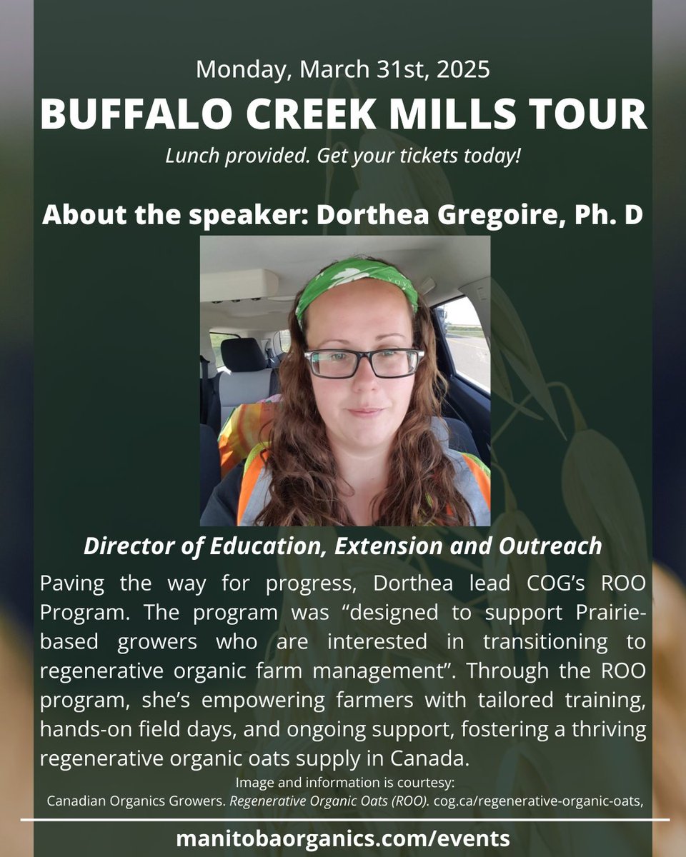 Manitoba Organics (@manitobaorganic) on Twitter photo Happening on Mar 31st! Dorthea Gregoire from <a href="/CanadianOrganic/">Canadian Organic Growers</a> will be a guest speaker for the Buffalo Creek Mills Tour next week! Have you gotten your tickets yet? Learn more or register here: manitobaorganics.com/event-details-โฆ
#manitobaevents #mbag Happening on Mar 31st! Dorthea Gregoire from <a href="/CanadianOrganic/">Canadian Organic Growers</a> will be a guest speaker for the Buffalo Creek Mills Tour next week! Have you gotten your tickets yet? Learn more or register here: manitobaorganics.com/event-details-โฆ
#manitobaevents #mbag