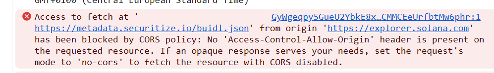 BeMayer's tweet photo. @Securitize @solana the image of the token is not showing on Solana Explorer due to a CORS error when fetching your metadata file https://t.co/bmt8oDPqJw