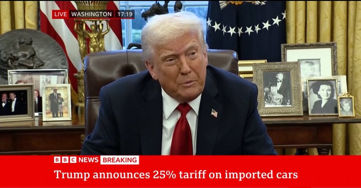 NEW

President Trump:

“Friend has often times been worse than foe… we are going to be doing is a 25% tariffs on all cars not made in the US…”

Seems to be all cars, no exemptions, ie including UK, one of our major exports there. 18% of UK car exports go to US.