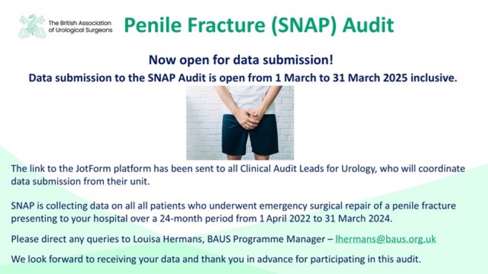 Rob Calvert (@robcalvert18) on Twitter photo A gentle reminder to UK Urology Department Audit Leads - we need your data in asap for the national SNAP audit. You should have received the necessary links for data submission.
<a href="/urodoc27/">John Pascoe</a> <a href="/ArieUrology/">Arie Parnham</a> <a href="/BAUSurology/">BAUS</a> A gentle reminder to UK Urology Department Audit Leads - we need your data in asap for the national SNAP audit. You should have received the necessary links for data submission.
<a href="/urodoc27/">John Pascoe</a> <a href="/ArieUrology/">Arie Parnham</a> <a href="/BAUSurology/">BAUS</a>