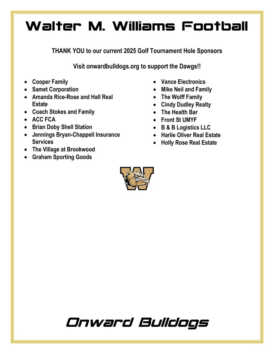 Deadline for golf tournament entry is Sunday March 30 at 11:59pm. Only a couple spots left…Sign up today at onwardbulldogs.org 
Hole sponsorships still available as well. Great way to help the program and we need it to support our player-development initiatives! 🖤💛