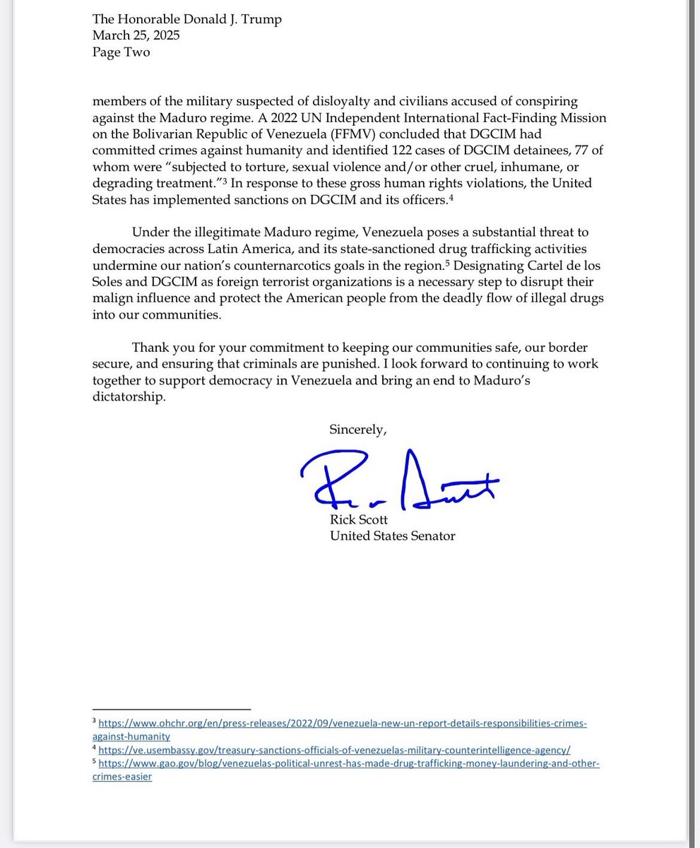 El <a href="/SenRickScott/">Rick Scott</a> pidió designar al cártel de los soles y a la DGCIM como organización terrorista internacional. “lideradas por el brutal e ilegítimo dictador venezolano Nicolás Maduro y su segundo al mando, Diosdado Cabello Rondón, son conocidos traficantes de drogas letales