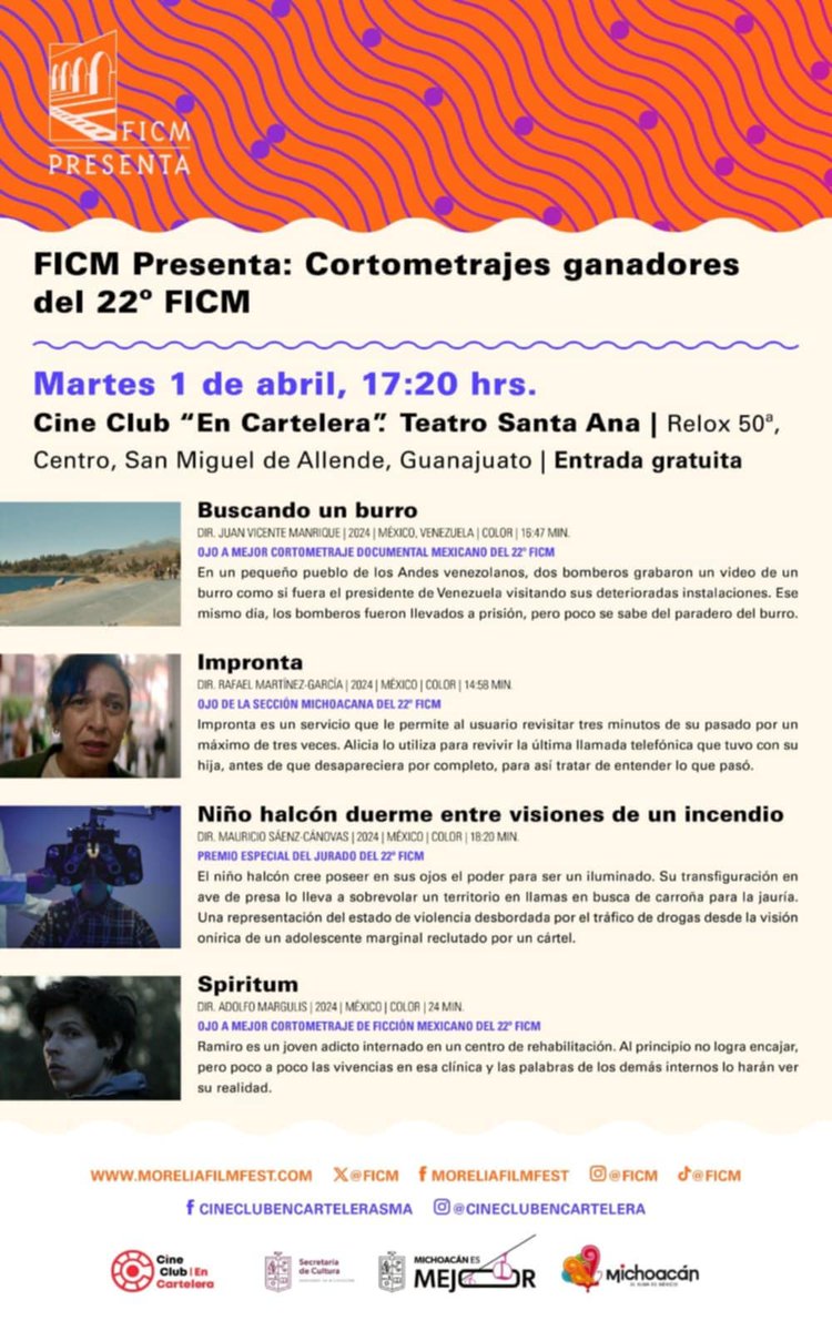 #Impronta y otros cortos ganadores del 22° <a href="/FICM/">Morelia Film Fest</a>, se presentarán el próximo martes 1 de abril en el Cine Club "En Cartelera", en San Miguel de Allende. ¡No se los pierdan! #FICMpresenta