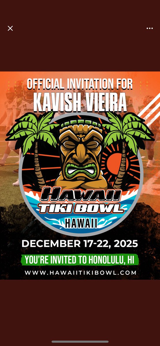 Kavish Vieira (@vieirakavish) on Twitter photo Grateful to receive an official invite to the Hawaii Tiki Bowl in December! Thank you <a href="/HawaiiTikiBowl/">Hawaii Tiki Bowl</a> for the invite
<a href="/KCBakk31/">Kyle Bakken</a> <a href="/CoachMikeLondon/">Mike London Sr. ⚔️</a> <a href="/CoachYog/">Dave Yog</a> Grateful to receive an official invite to the Hawaii Tiki Bowl in December! Thank you <a href="/HawaiiTikiBowl/">Hawaii Tiki Bowl</a> for the invite
<a href="/KCBakk31/">Kyle Bakken</a> <a href="/CoachMikeLondon/">Mike London Sr. ⚔️</a> <a href="/CoachYog/">Dave Yog</a>