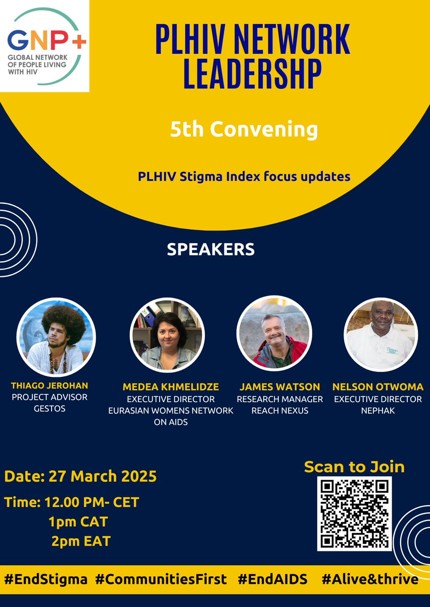 Scan and join the PLHIV leaders' 5th Convening today at 12 CET. We have powerful speakers lined up who will be focusing on the PLHIV Stigma Index update from their respective countries and how collecting this lived experience of people living with HIV can lead us to ending #AIDS.