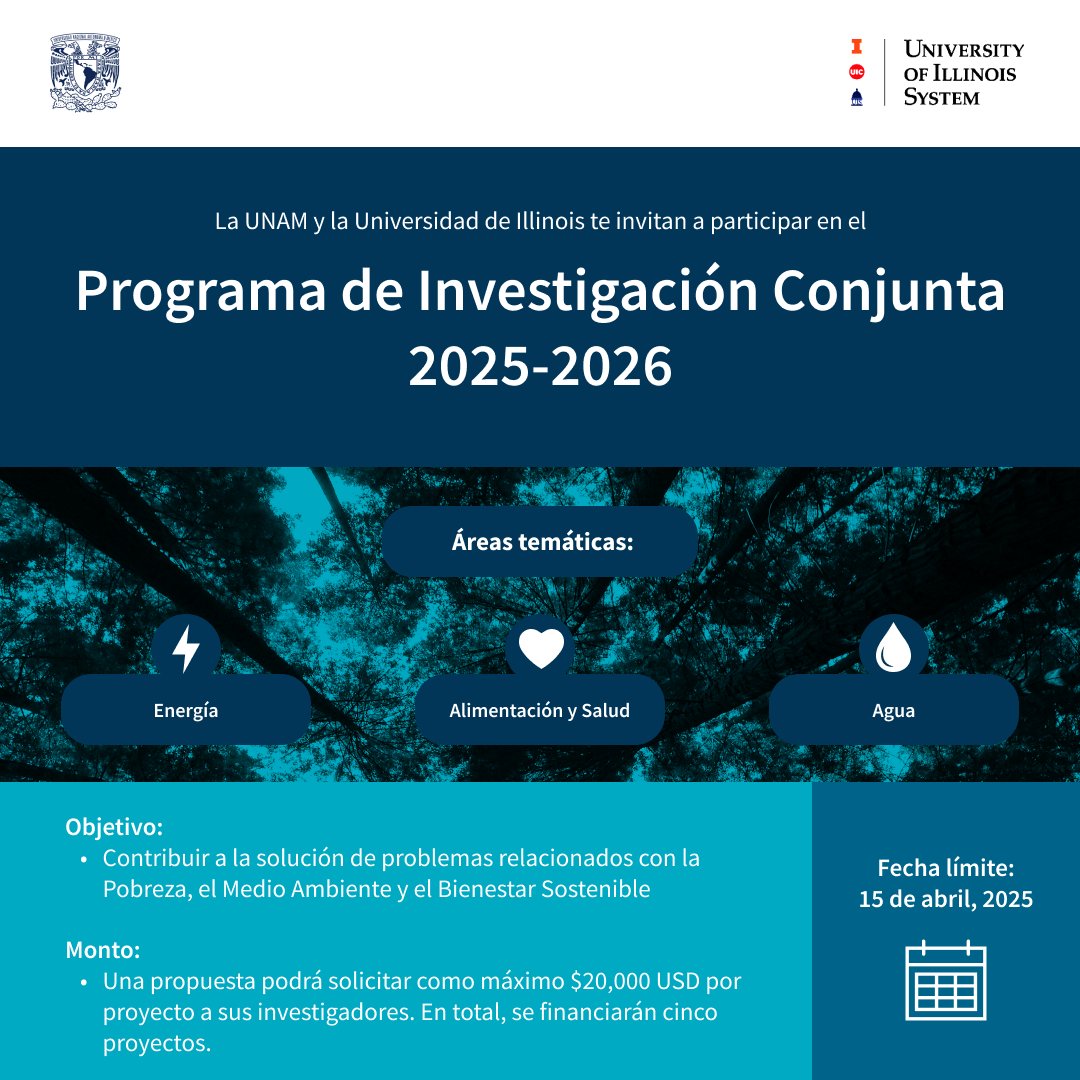 📌 Convocatoria del Programa Conjunto de Colaboración en Investigación Sistema Universidad de Illinois/UNAM
Este fondo apoya iniciativas en las áreas de alimentación y salud, agua y energía.
¡Envía tu proyecto antes del 15 de abril! 🗓️

Más información en: cutt.ly/Yrir4V7S