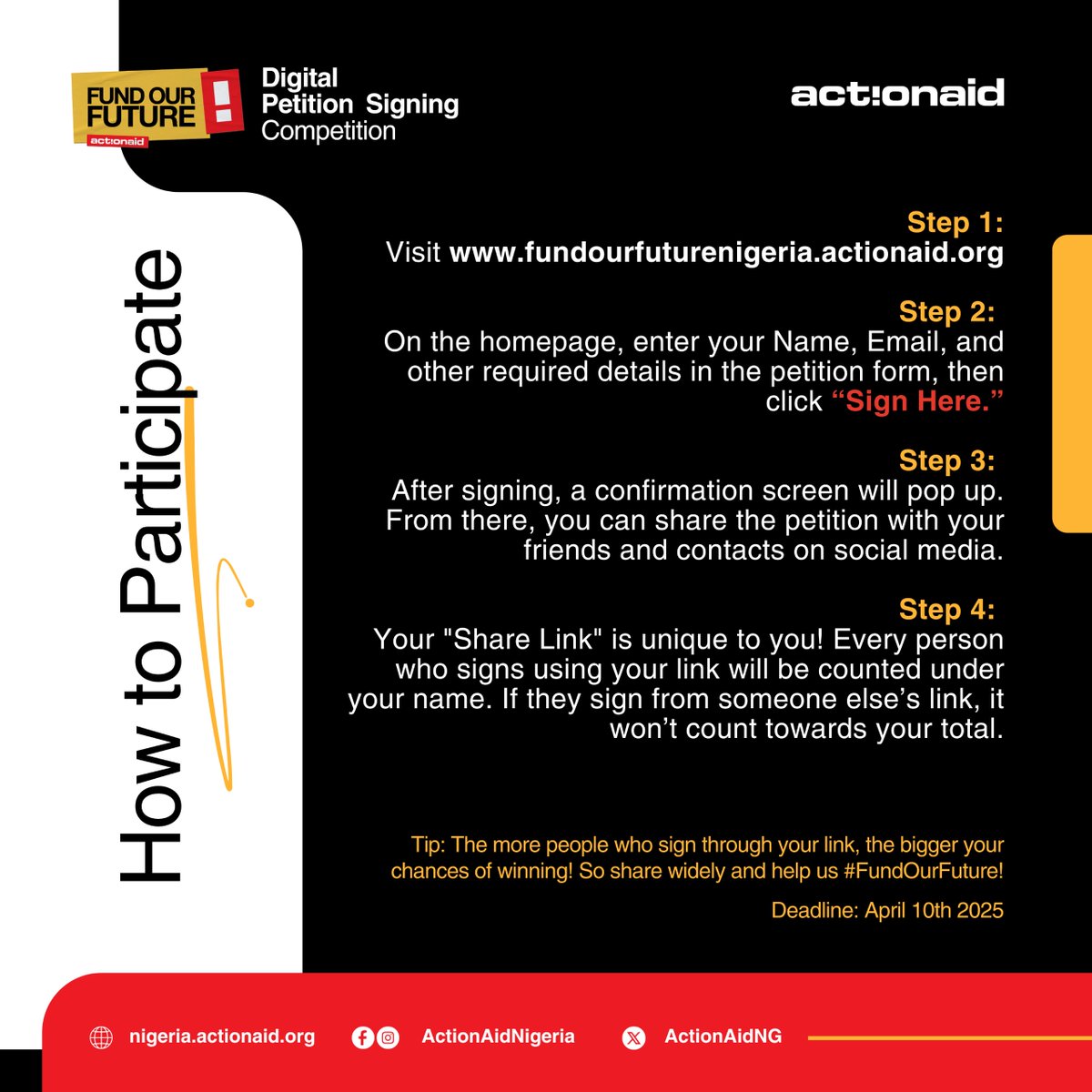 Your signature isn’t just a name—it’s power! 
When you sign the #FundOurFuture petition, you get a unique share link. Everyone who signs through it is counted under your name.

That means the more you share, the more impact you make and the closer you are to winning our prize!