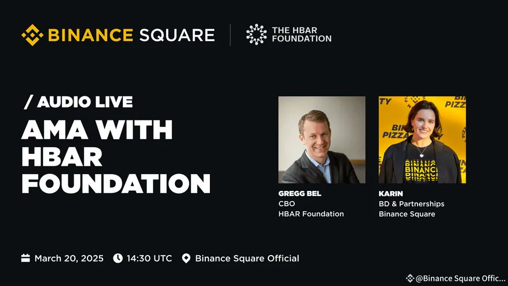 Upcoming <a href="/binance/">Binance</a> Square AMA tomorrow with <a href="/GregoryLBell/">Gregg Bell</a> @HBAR_foundation ✨

🗓 March 20, 2025
⏰ 14:30 PM UTC
🔗 binance.com/en/square/post…

What to Expect:
- Discover USDC on Hedera, the native fiat-backed USD stablecoin issued by Circle on the Hedera network
- Gain insights into