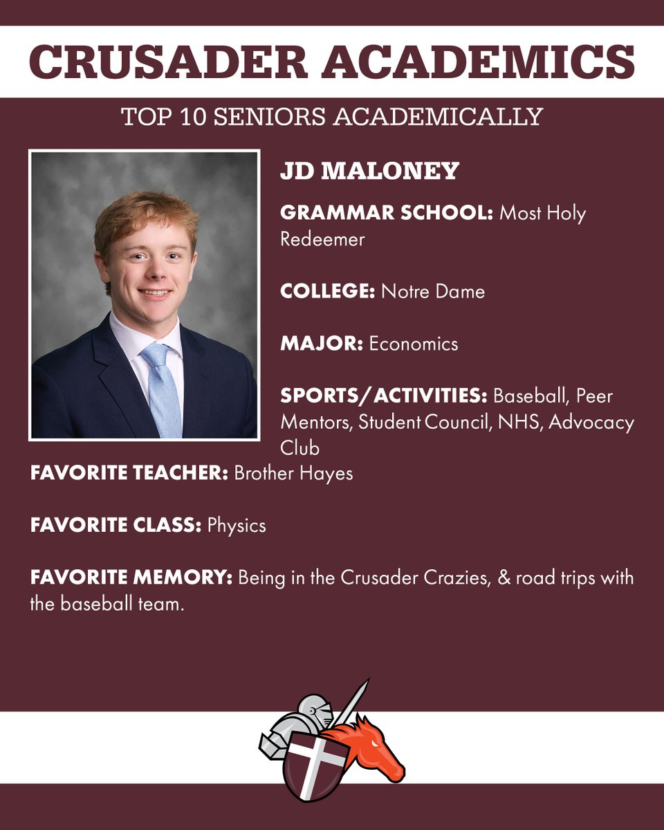BrotherRice's tweet image. Countdown to graduation. We are counting down our top ten academic students leading up to graduation and first up is JD Maloney. JD plans to attend Notre Dame in the fall to study Econ and JD struggled to think of a favorite memory for this because "there's so many" Congrats JD!