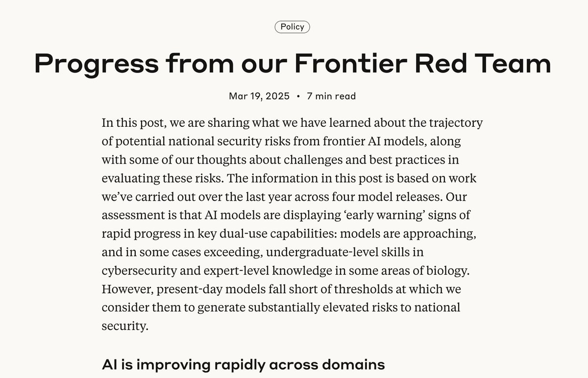 Models are getting better across the board in national security-relevant domains.

In a new blog post, we wrote some reflections from the past year of red teaming models in these domains.