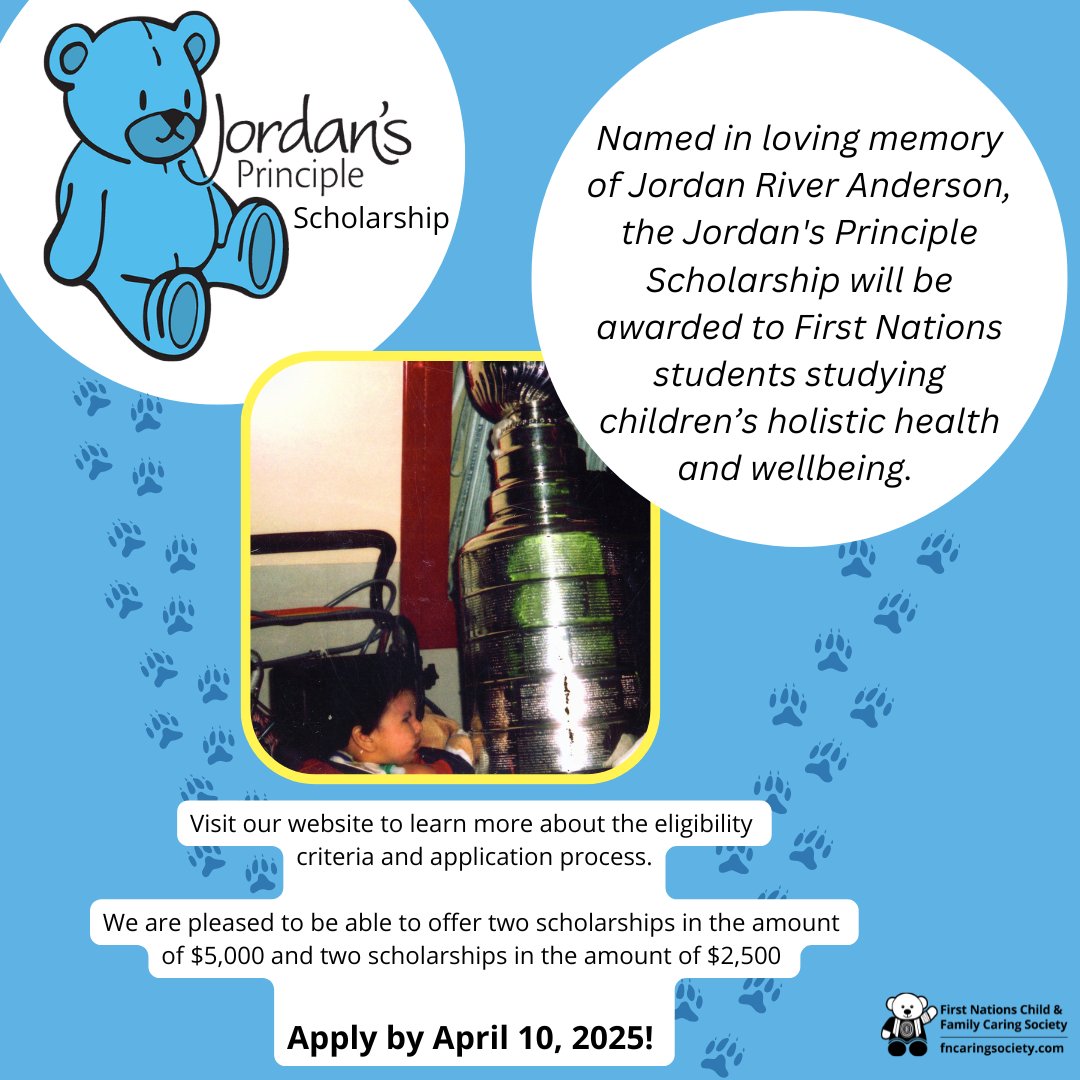 Weekly reminder to check out the Jordan's Principle Scholarship! Applications are due on April 10 🧡🧸💙 More information available at: fncaringsociety.com/awards-scholar…