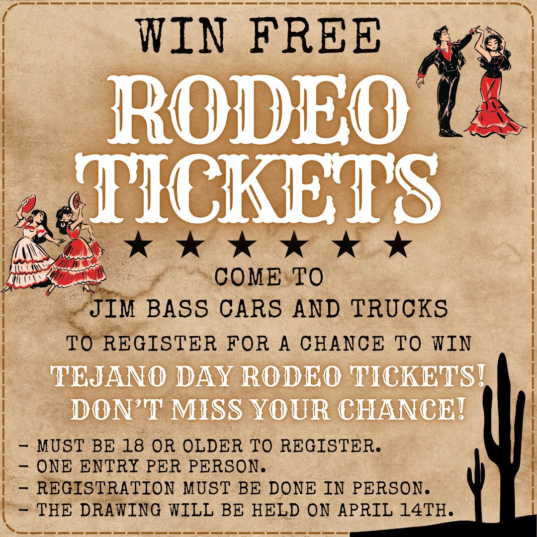 🎟️🤠 Win Tejano Rodeo Day tickets! 🤠🎟️
Come down to Jim Bass Cars &amp; Trucks for your chance to score FREE tickets! Don’t miss out—saddle up and stop by today! 🐎🔥 #TejanoRodeo #WinTickets #JimBassCars  #CommunityEvents #LiveMusic #FamilyFun #TexasEvents #RodeoEvent #TexasRodeo