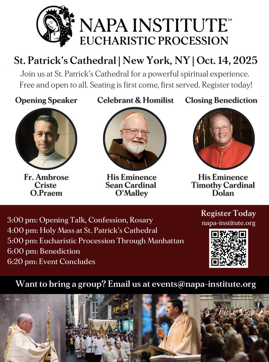 NapaInstitute's tweet image. The Napa Institute Eucharistic Procession at St. Patrick’s Cathedral is returning on October 14, 2025!
Registration is now open at Napa-Institute.org
We hope to see you in New York!