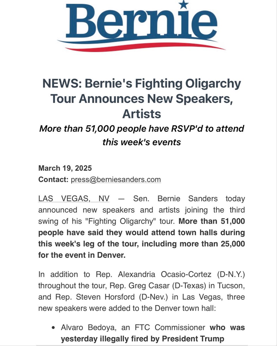 Anna Bahr (@anna_bahr) on Twitter photo 51,000 people have said they would show up at a stop for this week’s trip with <a href="/BernieSanders/">Bernie Sanders</a> and <a href="/AOC/">Alexandria Ocasio-Cortez</a>.
@BedoyaFTC, who was just illegally fired by Trump, will be joining us in Denver.
And <a href="/casadecalexico/">Calexico</a> headlining Arizona events!
It’s gonna be a busy few days, folks. 51,000 people have said they would show up at a stop for this week’s trip with <a href="/BernieSanders/">Bernie Sanders</a> and <a href="/AOC/">Alexandria Ocasio-Cortez</a>.
@BedoyaFTC, who was just illegally fired by Trump, will be joining us in Denver.
And <a href="/casadecalexico/">Calexico</a> headlining Arizona events!
It’s gonna be a busy few days, folks.
