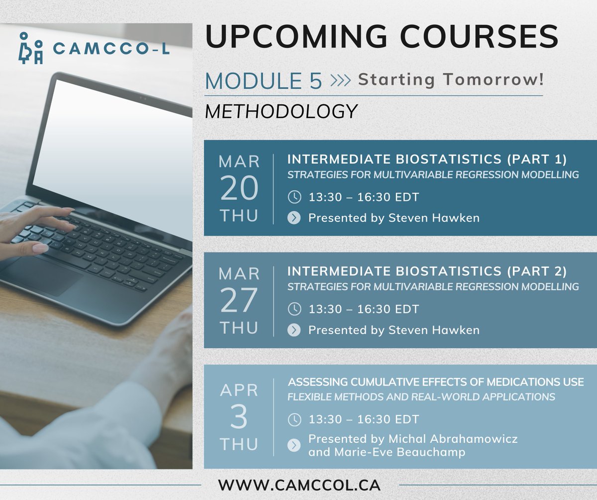 CAMCCO-L (@camccol) on Twitter photo UPCOMING COURSES 💻✨ Start of the Methodology Module!
Join us TOMORROW at 13:30 EDT for the first part of the intermediate biostatistics course on strategies for multivariable regression modelling, featuring Dr. Steven Hawken (PhD) from <a href="/uOttawa/">Université d'Ottawa | University of Ottawa</a>!
👉 bit.ly/3Nu6bus UPCOMING COURSES 💻✨ Start of the Methodology Module!
Join us TOMORROW at 13:30 EDT for the first part of the intermediate biostatistics course on strategies for multivariable regression modelling, featuring Dr. Steven Hawken (PhD) from <a href="/uOttawa/">Université d'Ottawa | University of Ottawa</a>!
👉 bit.ly/3Nu6bus