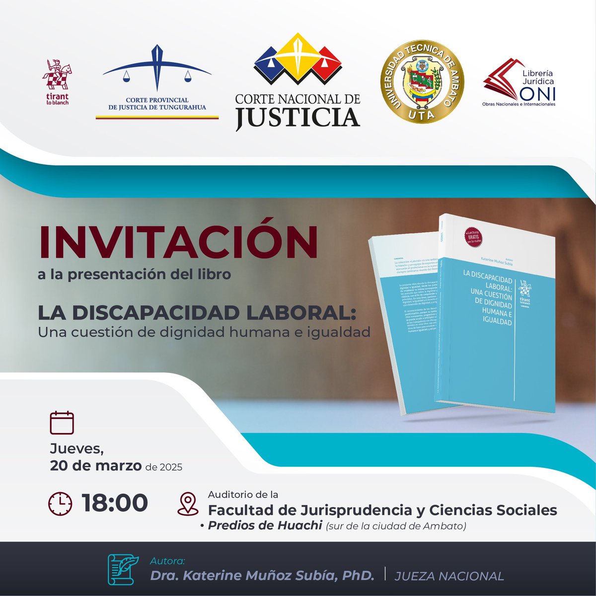 🏛️ INVITACIÓN l A la presentación del libro "La discapacidad laboral: una cuestión de dignidad humana e igualdad", cuya autora es la jueza nacional de la #SalaLaboralCNJ, Dra. Katerine Muñoz <a href="/katemusu/">Katerine Muñoz S</a>.

🗓️ 20 de marzo 
⏰ 18:00
📍 Auditorio de la Facultad de Jurisprudencia y