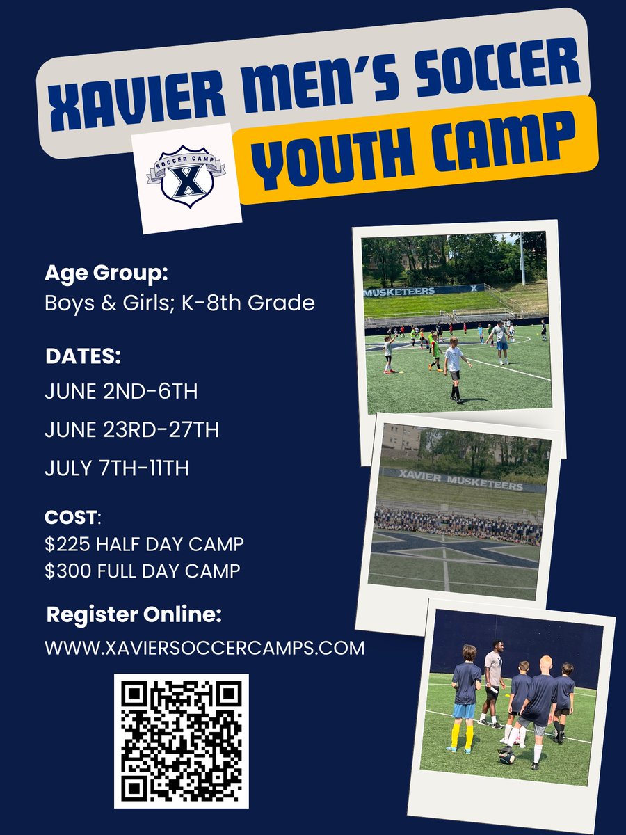 XUSoccerCamps's tweet photo. Xavier Men's Soccer Youth Camps spots are filling up!

-Last year's camps were sold out, so register sooner rather than later
- Register via the link or QR code found on the graphic.
- Link to Register: https://t.co/vYCJd2EVmr https://t.co/0AEyinWYdc