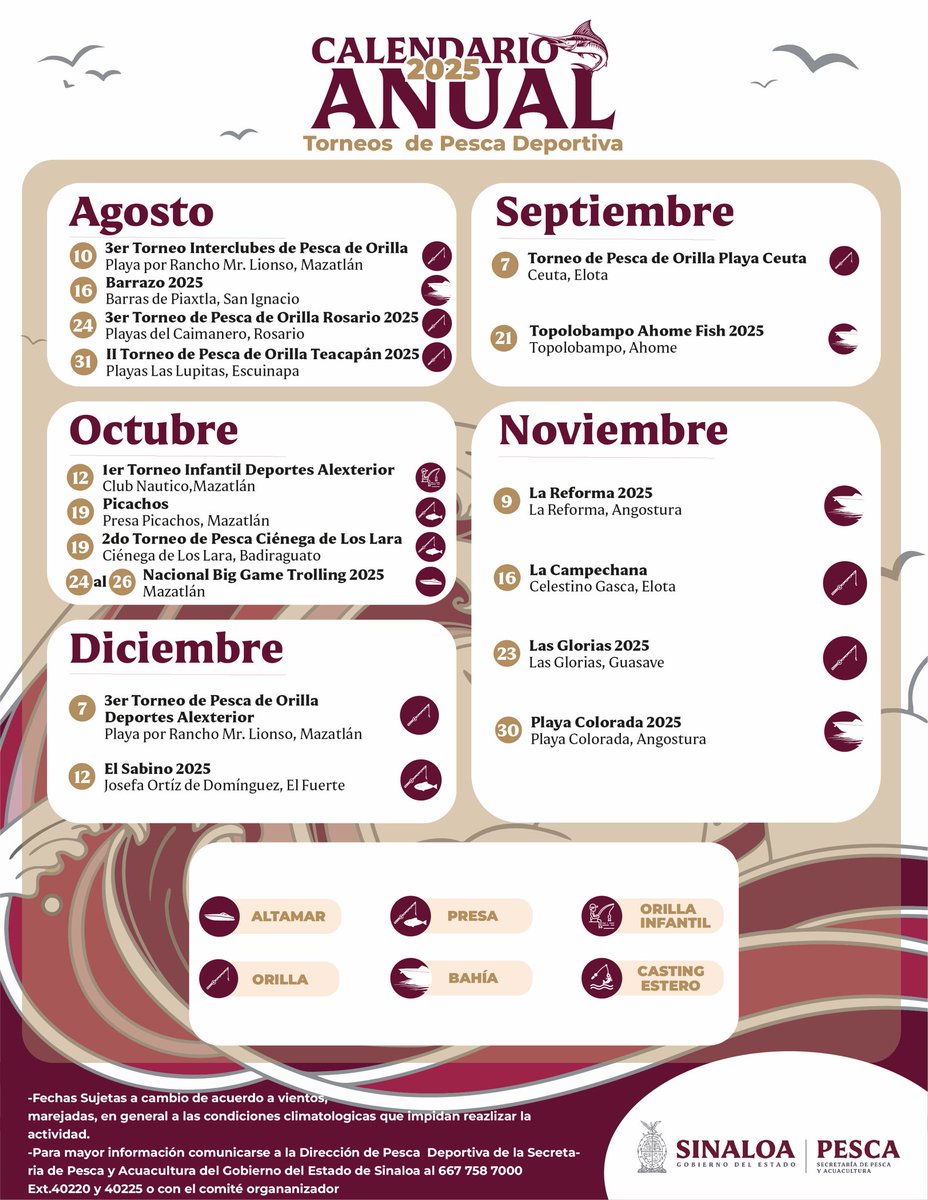 Descubre el calendario anual de torneos de #PescaDeportiva en #Sinaloa. Vive la emoción en nuestros impresionantes destinos: presas, playas, bahías y pesca de altura.🐟🛥️🚤

¡Únete a la aventura y haz que tu pasión por la pesca sea una experiencia inolvidable! 😎🎣