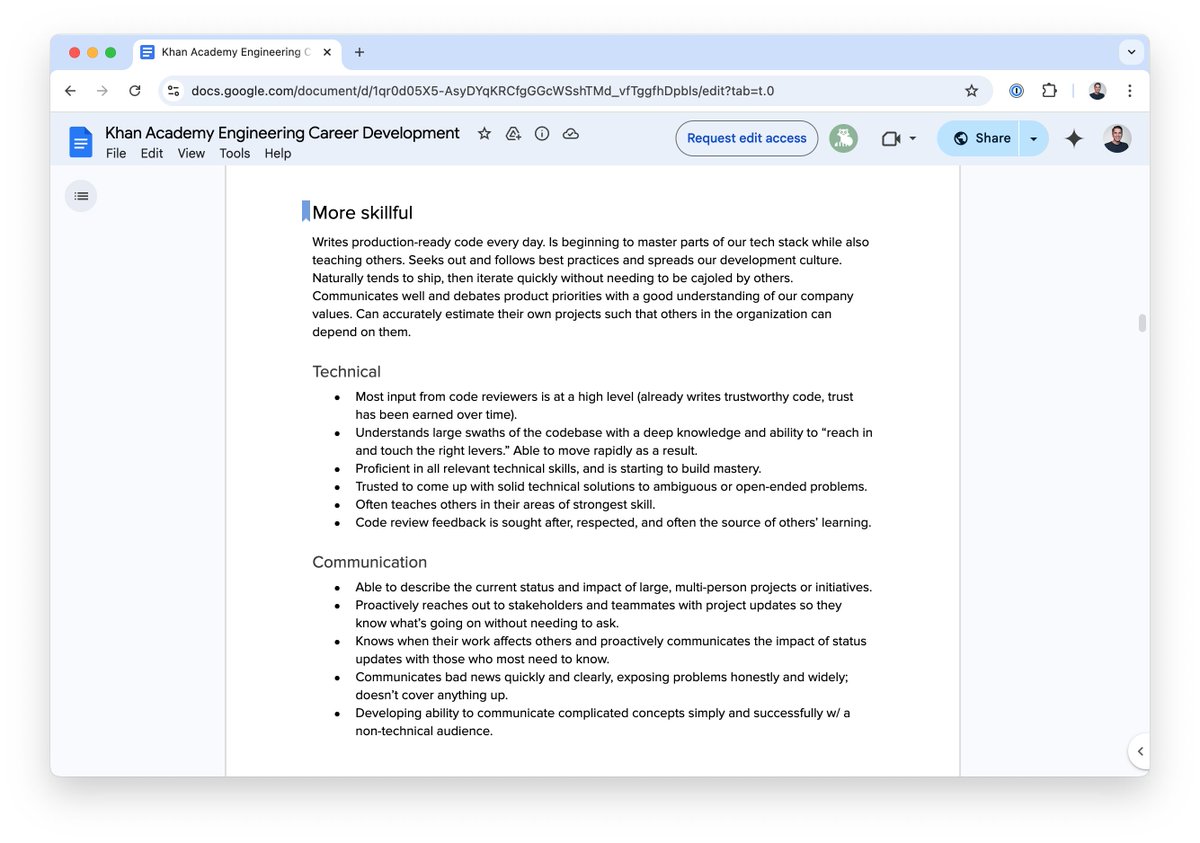 The Khan Academy Engineering Career Development guide is still my favorite articulation of what it means to be a great engineer and a great teammate.