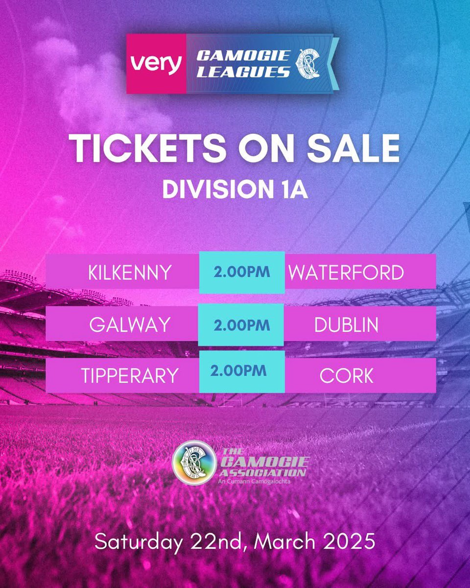 CorkCamogie's tweet photo. 🟣 Very National League Division 1A Tipperary V Cork

Saturday, March 22nd, 2025 at 2:00pm

The Ragg, Magherareagh, Co. Tipperary, Ireland

🎫 Tickets: https://t.co/56BILMeYFC https://t.co/zcWwDnzxZE