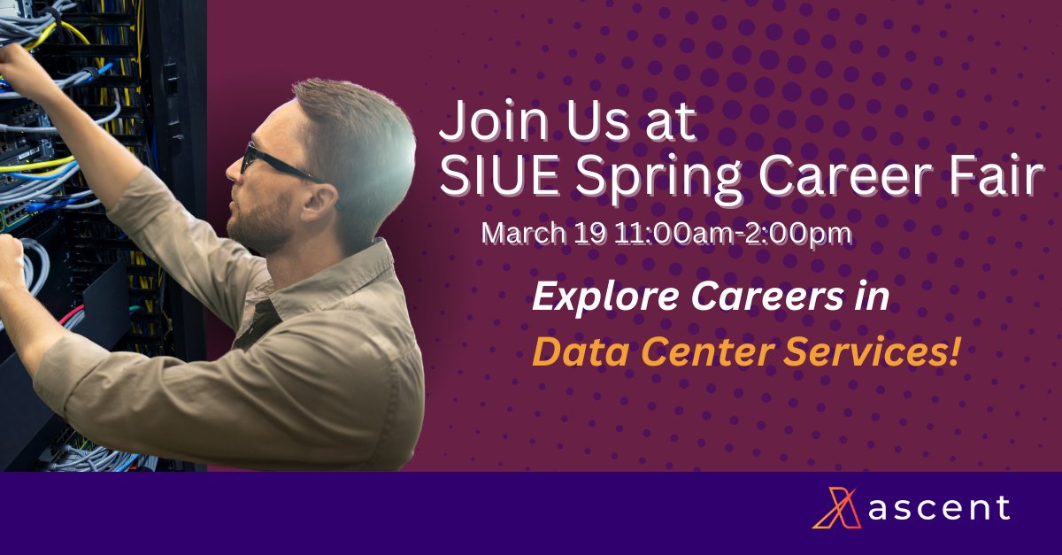 AscentCorp1's tweet photo. We're heading to the #SIUE Spring Career Fair on March 19, 11 AM – 2 PM!

Interested in a career in #DataCenter services? Stop by our booth to learn about opportunities in this fast-growing industry! https://t.co/83fNIQnWSl https://t.co/jX8r2164rt