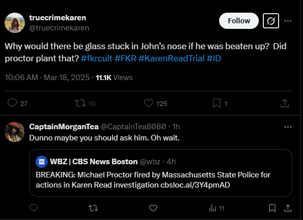 CaptainTea8080's tweet photo. Poses a question then doesn't like the response and BLOCKS anyone who tries to have a conversation, Very mature, TO THE PLANK with you! @truecrimekaren #Wasgoodwhileitlasted #KarenRead #proctor #truecrime https://t.co/P8FhLMjx80