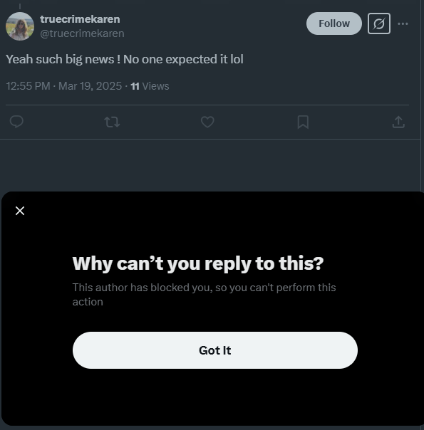 CaptainTea8080's tweet photo. Poses a question then doesn't like the response and BLOCKS anyone who tries to have a conversation, Very mature, TO THE PLANK with you! @truecrimekaren #Wasgoodwhileitlasted #KarenRead #proctor #truecrime https://t.co/P8FhLMjx80