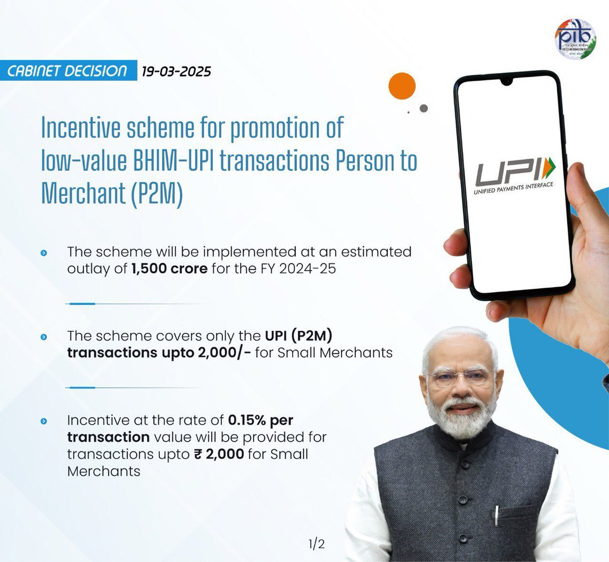 DeepAhlawt's tweet photo. #Cabinet approves Incentive scheme for promotion of low-value BHIM-UPI transactions (P2M)

▪️Only the UPI (P2M) transactions upto 2,000/- for Small Merchants are covered under the scheme https://t.co/2jjA7FU1ww