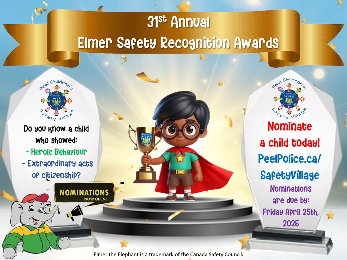 Peel Children’s Safety Village (@prpvillage) on Twitter photo Less than 1 week to get those nominations in for the 2025 Elmer Awards! 🏆Nominate a young hero from <a href="/regionofpeel/">Peel Region</a> (in JK-Gr.8) that you know who goes above & beyond to help others ➡️bit.ly/2IbmJph <a href="/PeelPolice/">Peel Regional Police</a> <a href="/PeelSchools/">Peel District School Board</a> <a href="/DPCDSBSchools/">Dufferin-Peel Catholic District School Board</a> Less than 1 week to get those nominations in for the 2025 Elmer Awards! 🏆Nominate a young hero from <a href="/regionofpeel/">Peel Region</a> (in JK-Gr.8) that you know who goes above & beyond to help others ➡️bit.ly/2IbmJph <a href="/PeelPolice/">Peel Regional Police</a> <a href="/PeelSchools/">Peel District School Board</a> <a href="/DPCDSBSchools/">Dufferin-Peel Catholic District School Board</a>