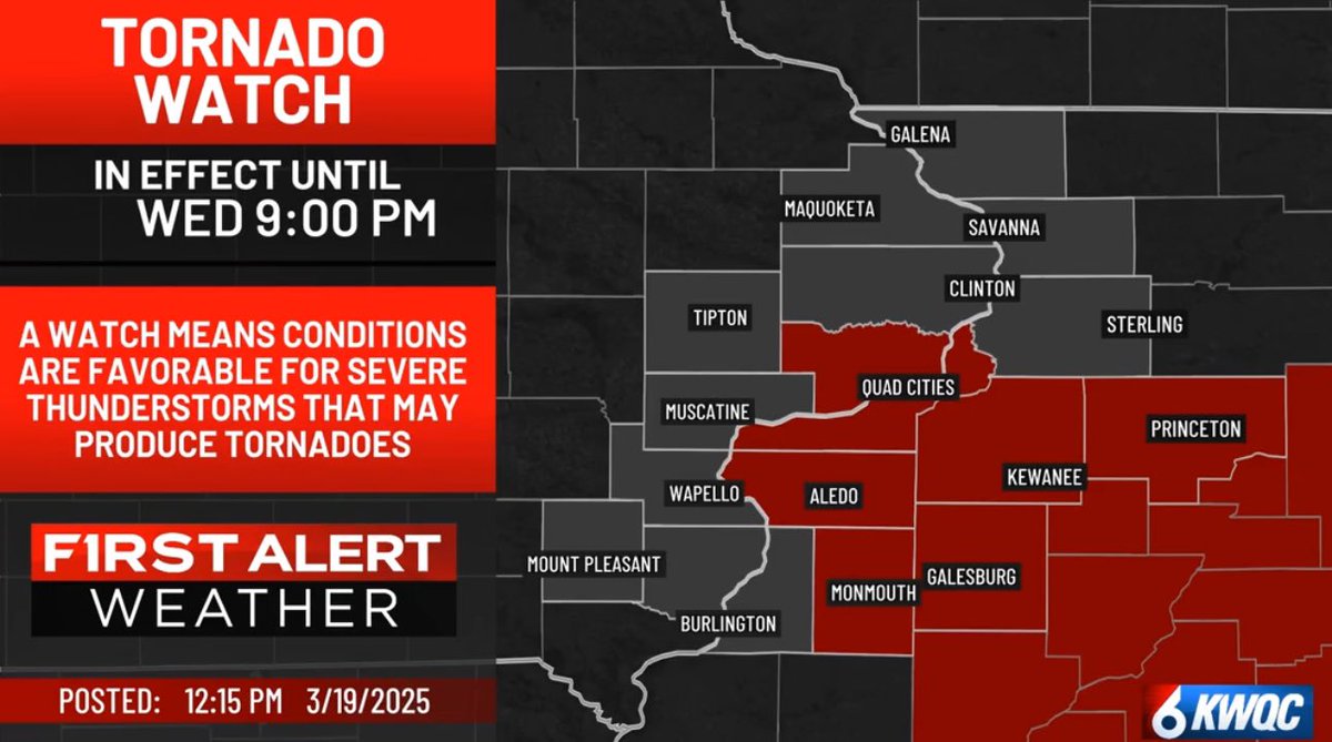 A TORNADO WATCH has been issued for portions of the TV6 viewing area.
Download the QC Weather App and stay with the TV6 First Alert Weather team, we'll keep you advised.