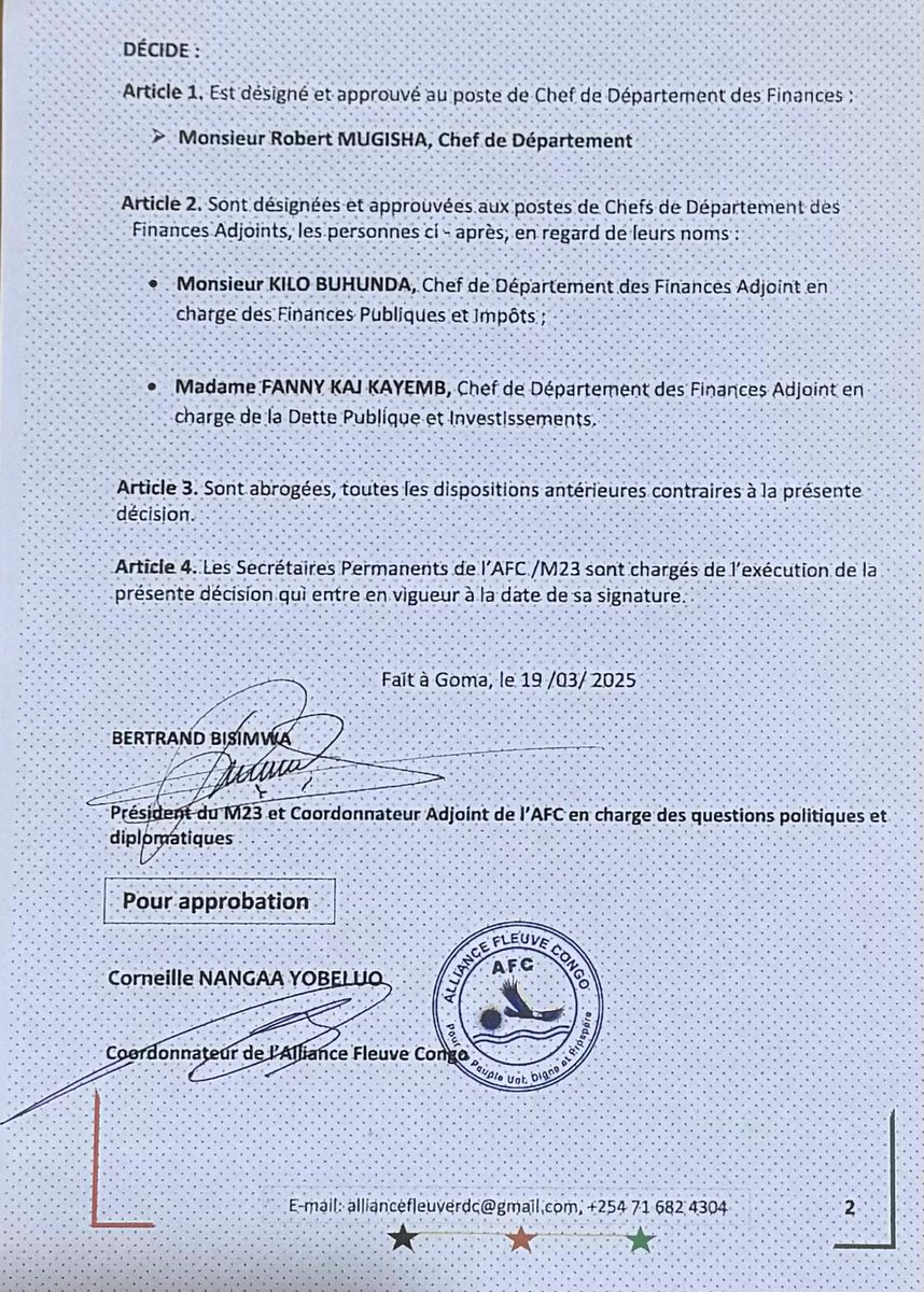 LawrenceKanyuka's tweet photo. DÉCISION PORTANT DÉSIGNATION ET APPROBATION D’UN CHEF DE DÉPARTEMENT DES FINANCES ET DE DEUX CHEFS DE DÉPARTEMENTS DES FINANCES ADJOINTS https://t.co/fKba3W7wd8