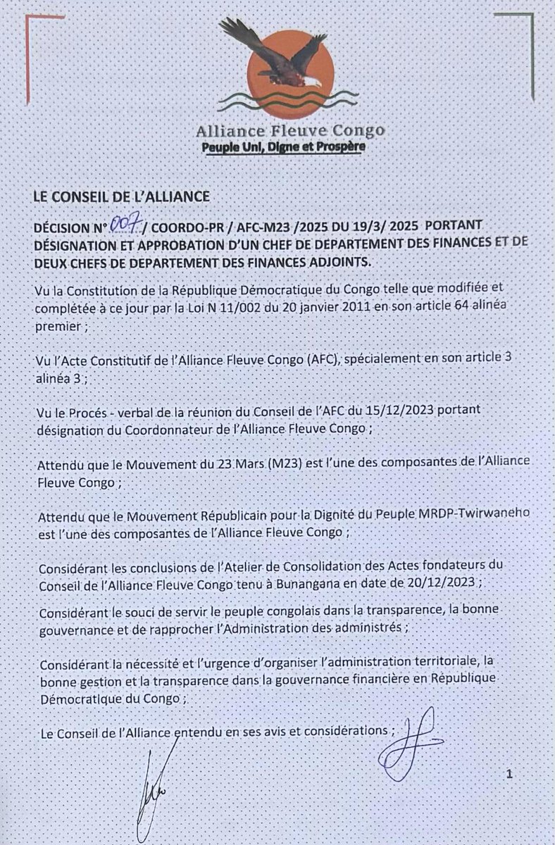 LawrenceKanyuka's tweet photo. DÉCISION PORTANT DÉSIGNATION ET APPROBATION D’UN CHEF DE DÉPARTEMENT DES FINANCES ET DE DEUX CHEFS DE DÉPARTEMENTS DES FINANCES ADJOINTS https://t.co/fKba3W7wd8