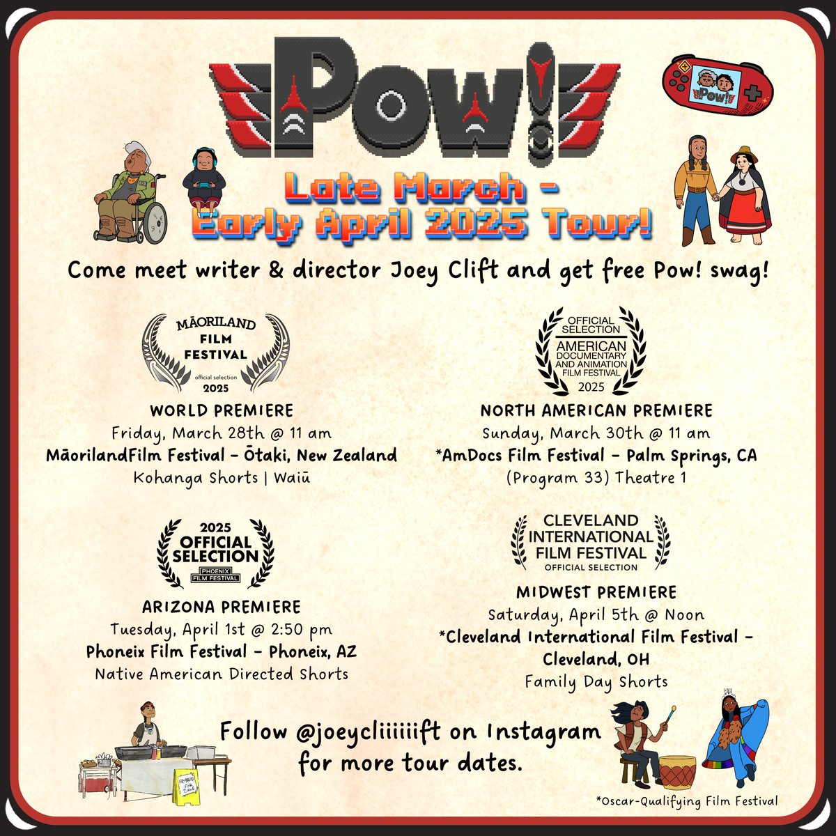 joeytainment's tweet image. I told myself I’d travel to Pow!’s first few premieres and because of that, I’m flying nearly 20,000 miles in a week and a half for "The Pow! Late March - Early April 2025 Tour!” Come to any of these screenings to meet me in person, get free Pow! swag and see me at my most tired!
