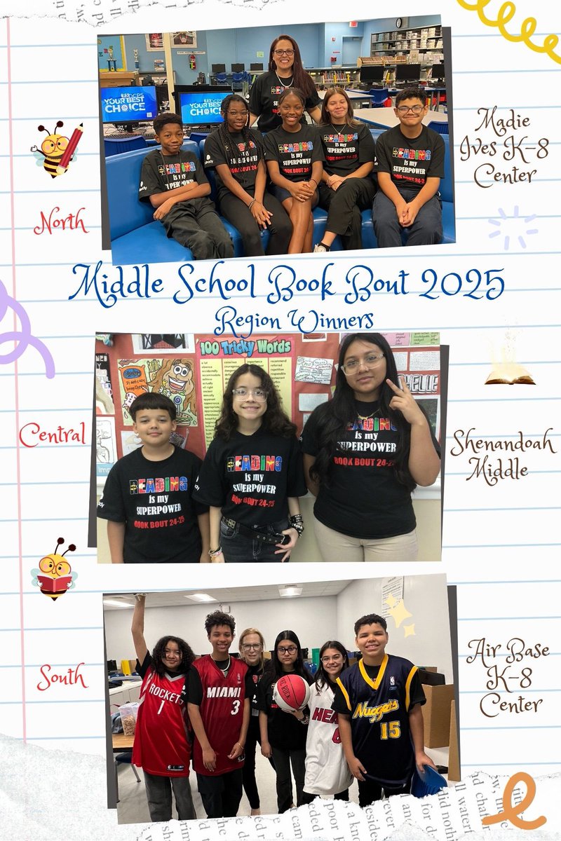 Congratulations to <a href="/MadieIvesES/">Madie Ives</a>, <a href="/ShenandoahMS/">Shenandoah Middle School Museums Magnet</a>, and <a href="/AirBaseK8/">Air Base K-8</a> for moving on to the “LIVE” Super Bowl Book Bout in April as they represent their school and region! <a href="/MDCPSAcademics/">Div of Academics</a> <a href="/MDCPSNorth/">M-DCPS North Region</a> <a href="/MDCPSCentral/">Central Region</a> <a href="/MDCPSSouth/">South Region Office</a> <a href="/SuptDotres/">Jose L. Dotres, Ed.D.</a> <a href="/LDIAZ_CAO/">Lourdes Diaz</a>