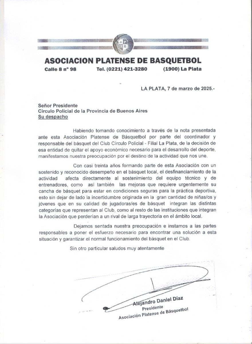 Nota enviada por la Asociación Platense de Basquet a las Autoridades del Club Círculo Policíal Bs As.