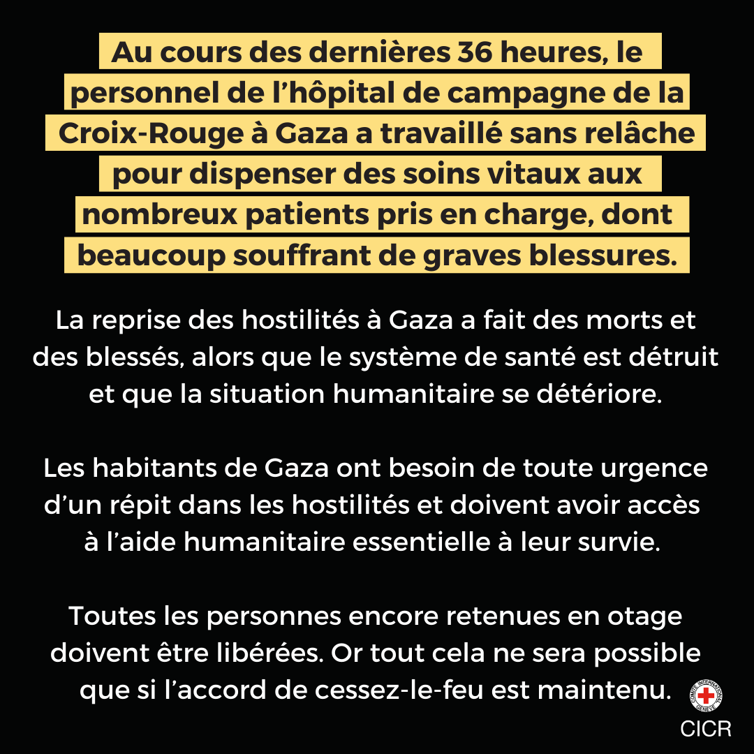 Les habitants de Gaza ont besoin de toute urgence d’un répit dans les hostilités.  Toutes les personnes encore retenues en otage doivent être libérées. 

Or tout cela ne sera possible que si l’accord de cessez-le-feu est maintenu.
